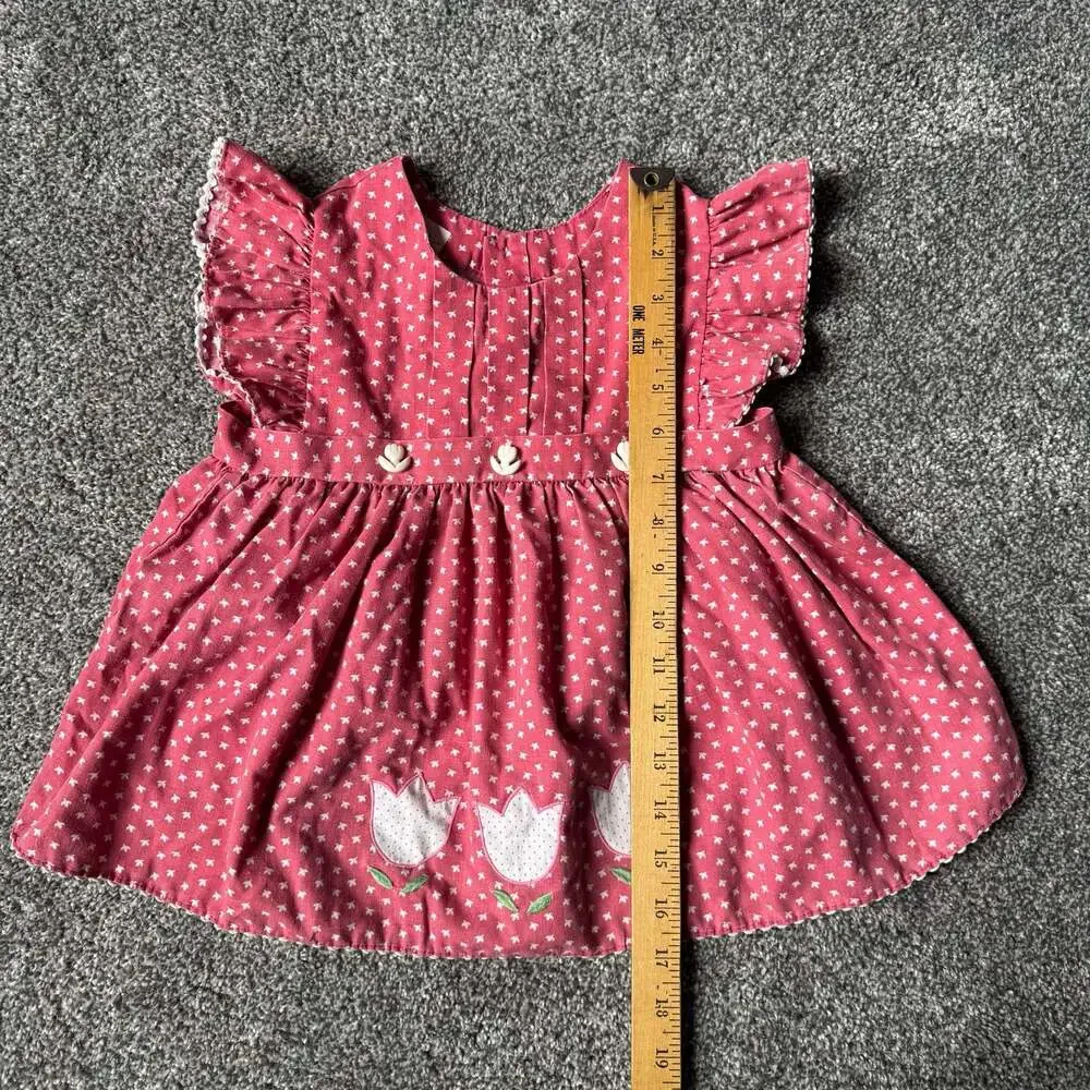Vintage Toddler Pink Floral Tulip Applique Flutter Sleeve Dress 2T